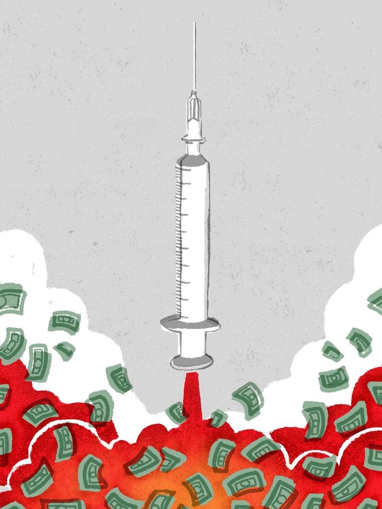 a vaccine imitating a rocket takes off while a lof of money bills fly