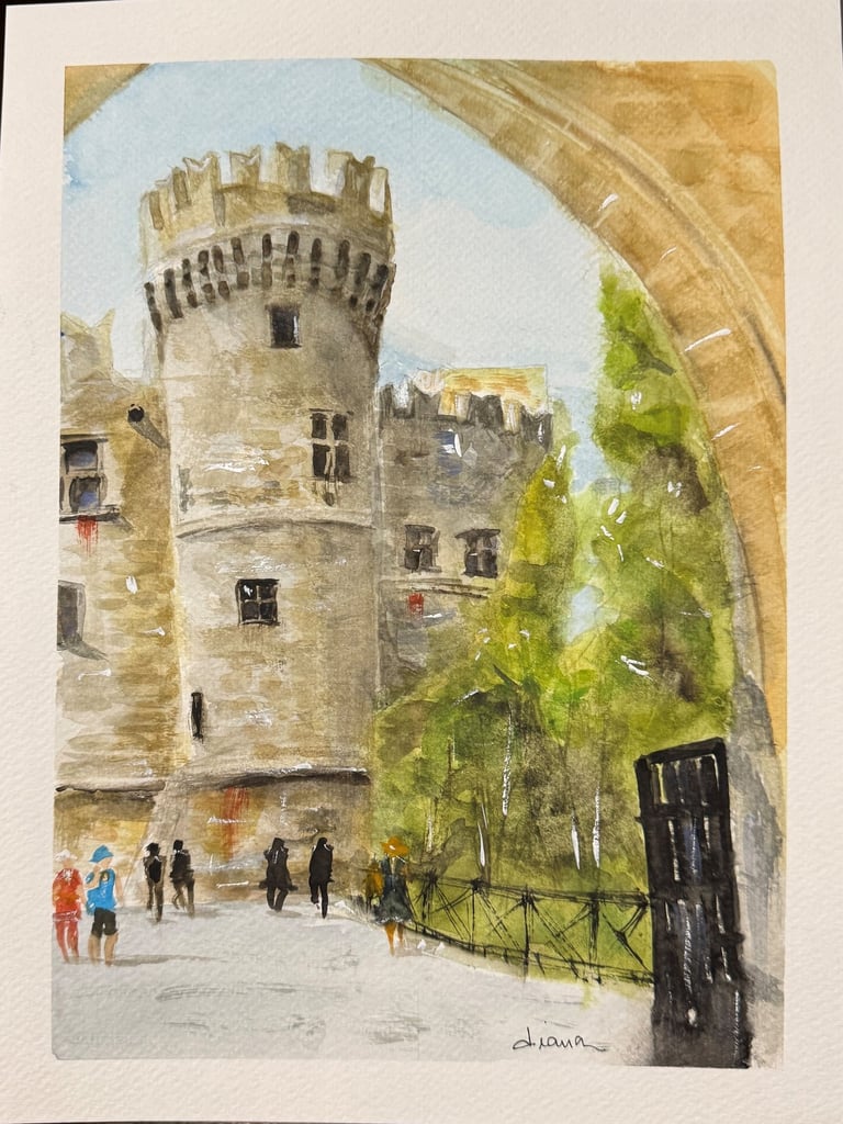 a painting of a castle in Rhodes with a tower in the background
