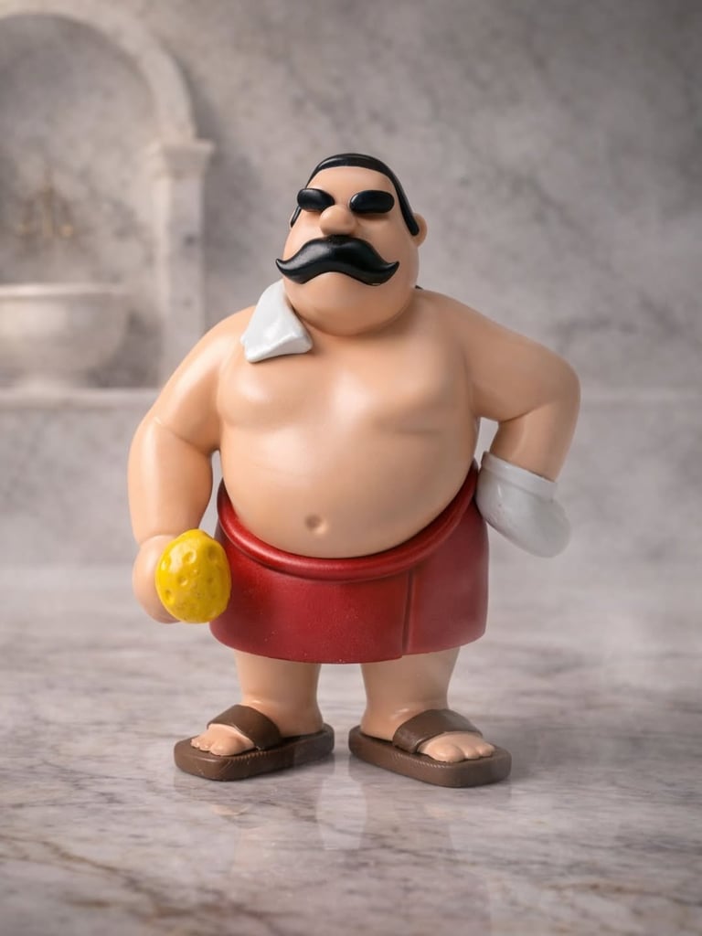A toy figure of a man with a mustache in a red towel holding a yellow bath sponge in a marble spa.