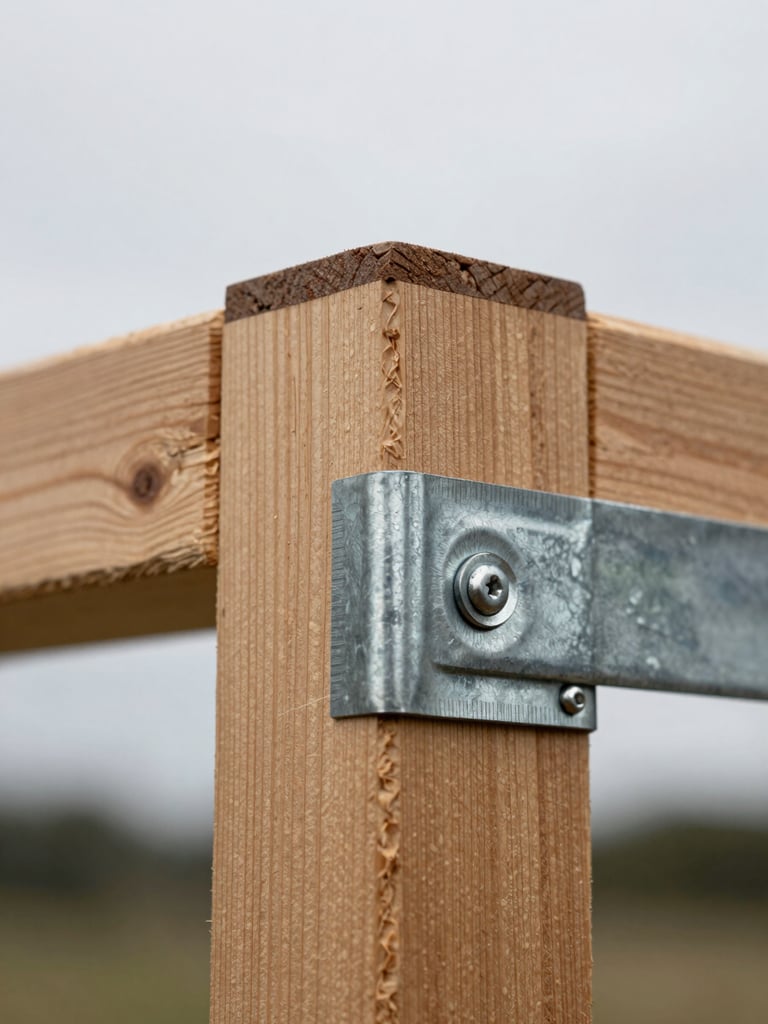 Close-up of pine timber corner joint with galvanised steel bracket, overcast studio strobe light revealing wood grain and bolt detail, no people, tight framing
