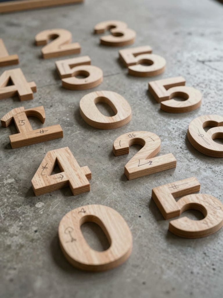 Close-up of numbered wooden parts laid out flat on a concrete floor under overcast studio strobe, visible pencil markings and joint notches, assembly sequence visible from above, no people