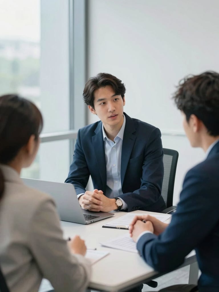 Focused collaborative consulting session between a digital advisor and a business owner in a bright modern office, natural light, 35mm