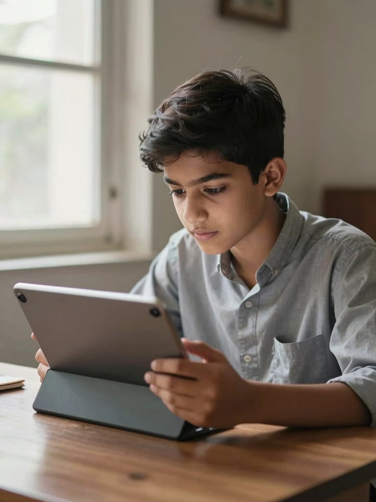 A Pakistani intermediate student focusing on a tablet screen while studying at a wooden desk at home, soft natural window light, realistic study environment