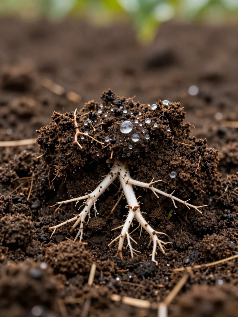 Macro shot of rich dark soil clods with visible white crop roots, morning dew, warm soil tones, shallow depth of field, 35mm