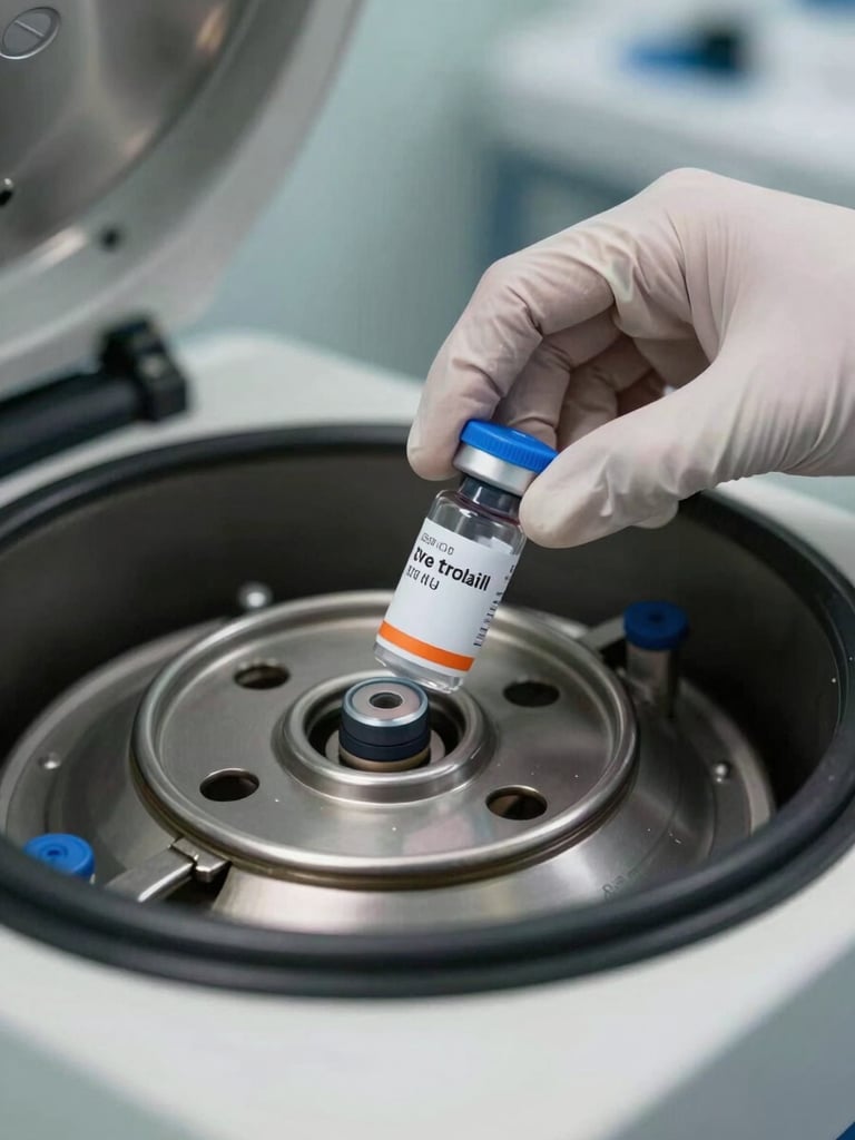 Close-up of a gloved hand placing a labeled sample vial into a centrifuge rotor, clinical fluorescent lighting, sharp focus on the vial cap, stainless steel equipment visible in background, no faces