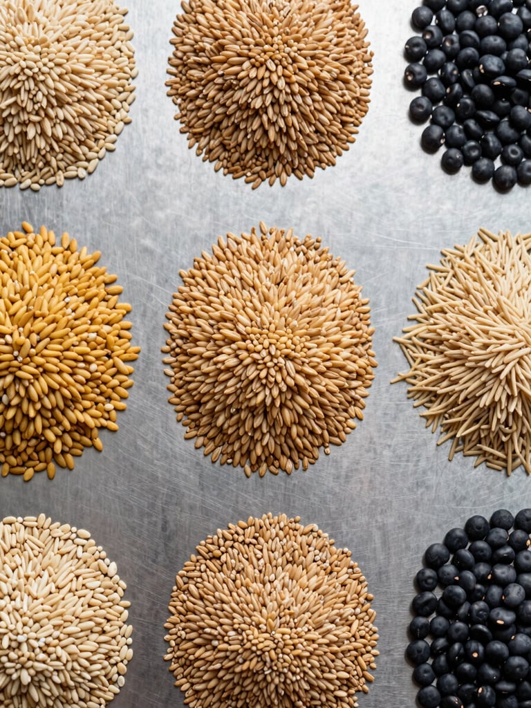 Overhead flat-lay of bulk whole grains and legumes sorted into precise rows on a matte steel surface under bright even studio light, extreme close-up texture revealing grain surface detail, cool daylight white balance, no shadows