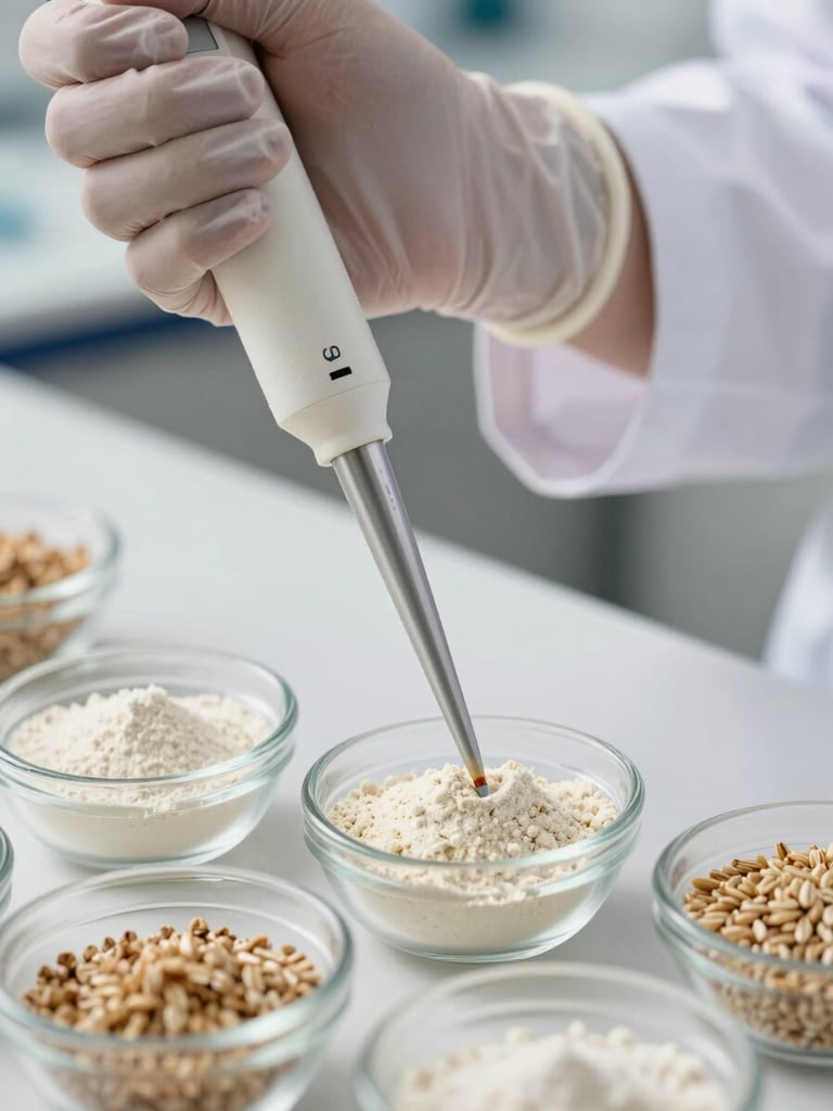 Extreme close-up of a food scientist's gloved hands using a precision pipette over small glass sample bowls containing powdered protein and grain isolates, bright even north-facing studio light, clinical white lab bench surface, sharp focus on the tool tip