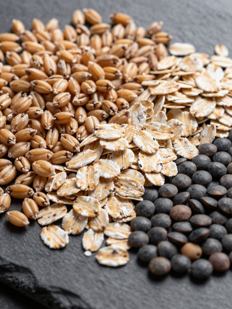 Extreme close-up overhead shot of bulk whole grains — wheat berries, rolled oats, and split lentils — arranged in dense clusters across a matte slate surface, lit with bright even studio light from above, emphasizing grain texture and surface detail, cool-toned, no shadows, laboratory clarity