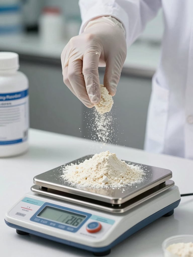 Extreme close-up of a food scientist's gloved hands precisely weighing a pale protein isolate powder on a calibrated scale in a bright test kitchen, even north-facing studio light, clinical white surfaces, formula documentation visible in the shallow background