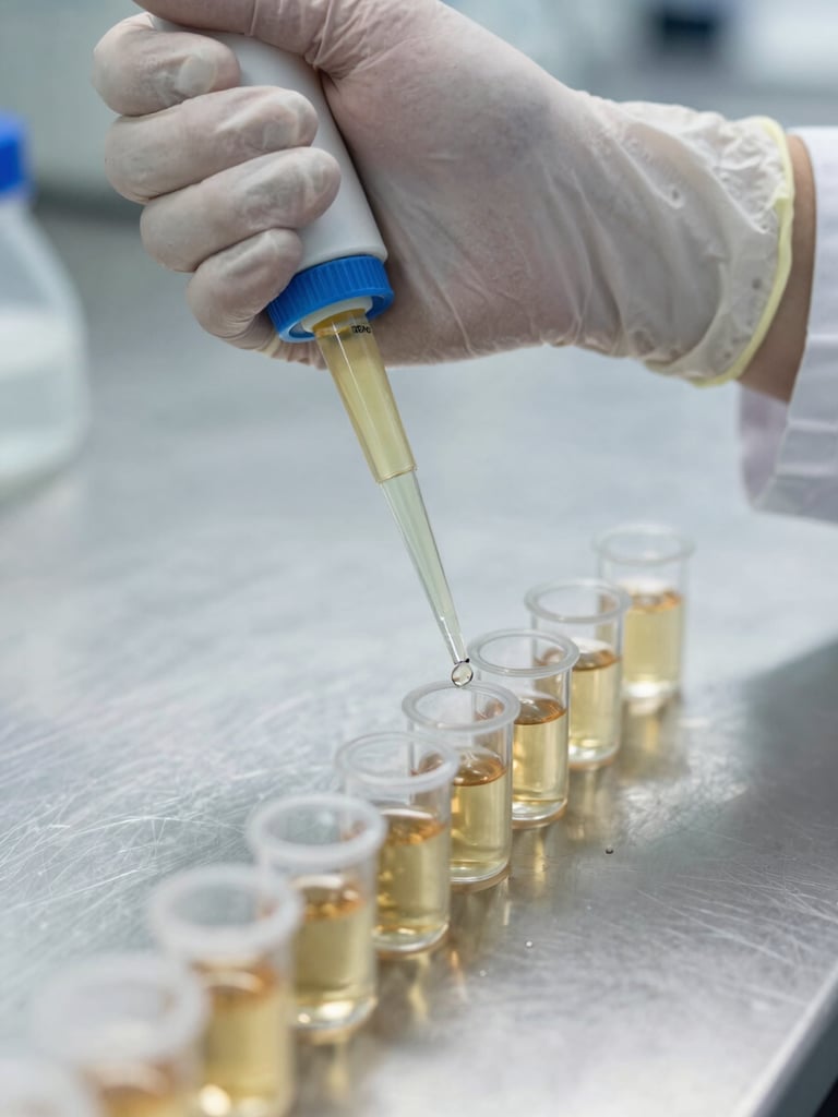 Extreme close-up overhead flat-lay of a technician's gloved hands pipetting a pale amber liquid into a row of small sample vials on a stainless steel lab bench, bright even north-facing studio light, high texture clarity, cool clinical tones, no faces visible