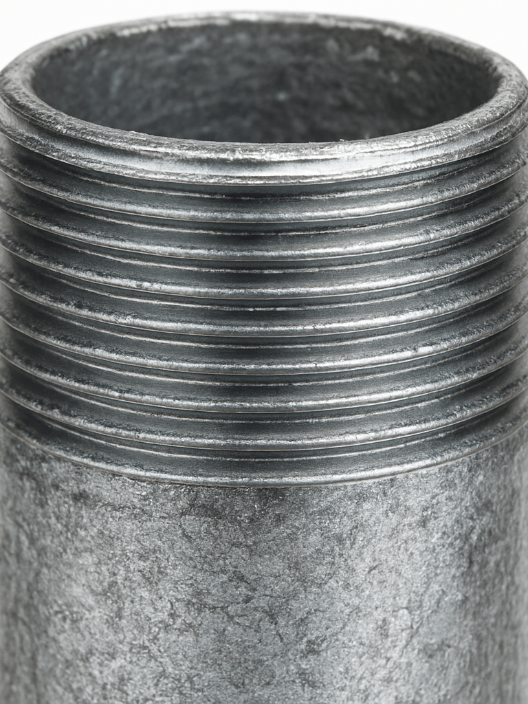 Macro shot of the fine threads on a galvanized steel pipe fitting, bright, even studio lighting, sharp focus, seamless white backdrop, 50mm lens. Portrait aspect.