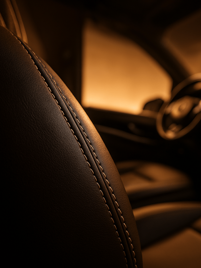 Low-angle close-up of premium leather stitching on a Mercedes-Benz Vito seat, warm ambient lighting highlighting the spacious cabin interior, soft gold glow, luxury feel.