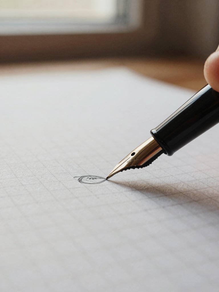 Close-up macro of a fountain pen drawing a precise wireframe on textured grid paper, warm natural light, shallow depth of field