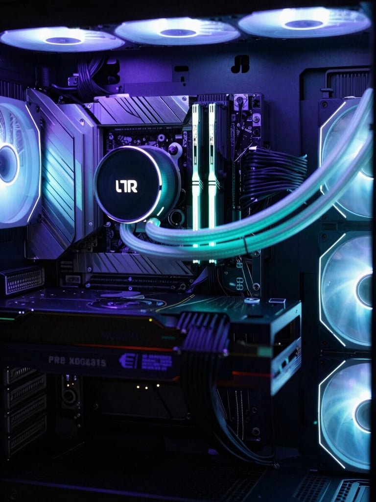 Macro shot of a custom-built PC interior, glowing cyan RGB liquid cooling tubes, pristine cable management, dark background with electric purple highlights, 35mm lens