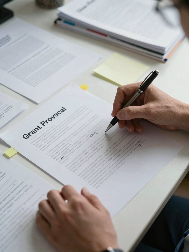 Overhead shot of a grant proposal draft spread across a wide desk, handwritten margin notes and sticky tabs visible, a researcher's hands holding a pen above the page, cool diffuse studio light, papers and journals filling the background