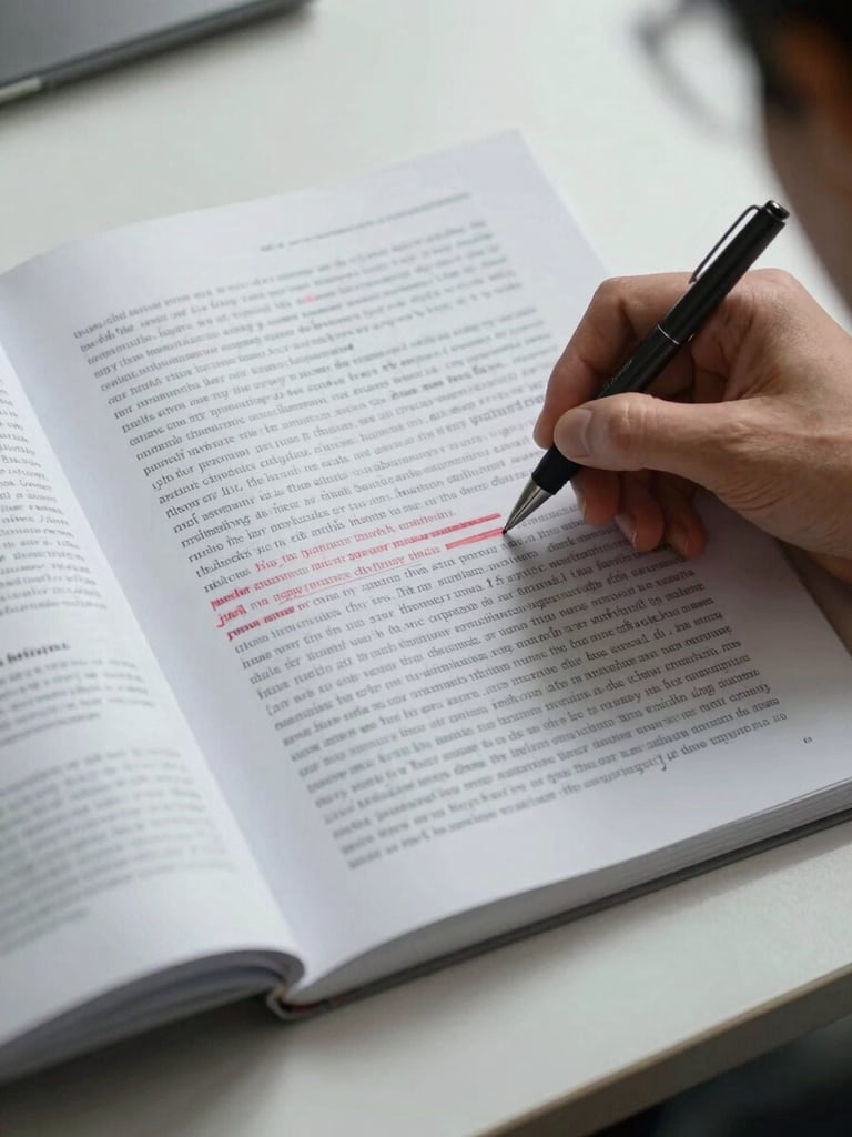 Close overhead shot of an annotated manuscript page on a clean desk, a researcher's hand holding a fine-tip pen mid-correction, cool north-facing daylight rendering the text and red ink marks sharply, open reference journal visible at left edge
