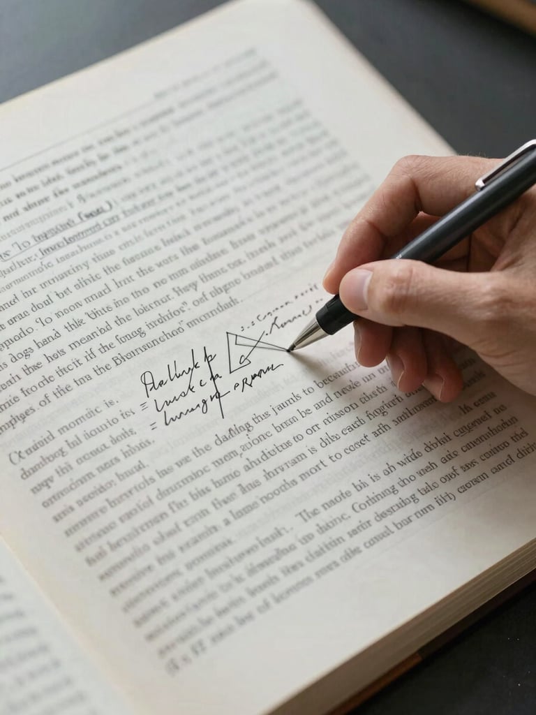 Close overhead shot of a manuscript page covered in precise handwritten annotations, a researcher's hand holding a fine-tipped pen mid-correction, cool north-facing daylight illuminating the text legibly, reference journal visible at the edge of the frame