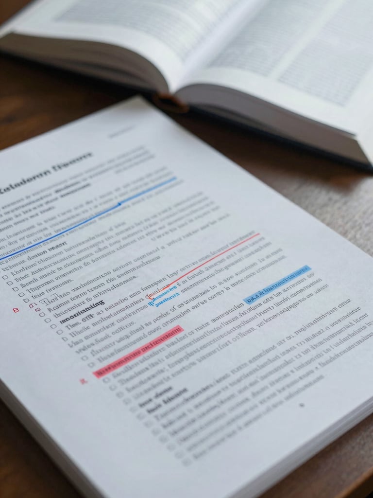Close-up of annotated research manuscript pages on a desk, red and blue correction marks visible in the margins, cool north-facing daylight, a reference textbook open in the background