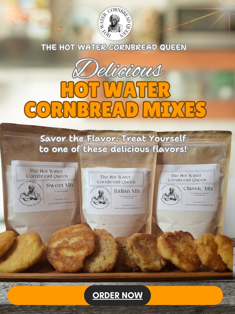 Hot Water Cornbread Mix _ Handmade hot water cornbread mix with golden crust.