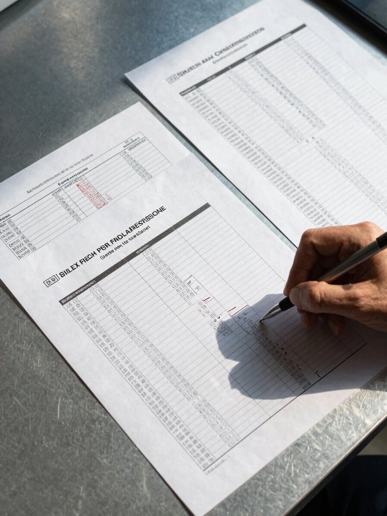 Overhead arrangement of settlement compliance documents and printed fund-flow reports on a steel-blue desk surface, a hand holding a pen reviewing figures, high-contrast north-facing daylight, no faces visible