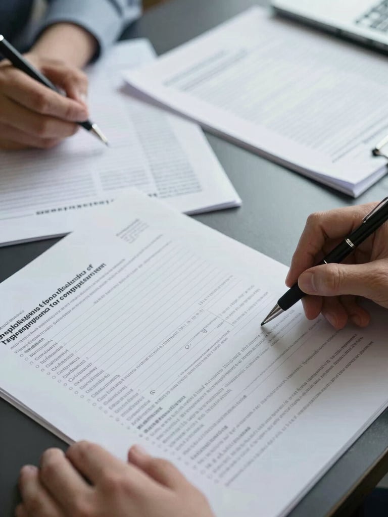 Close-up overhead shot of compliance documents and settlement reports spread across a dark desk under cool north-facing daylight, hands visible reviewing printed fund-flow records, pen resting on an open regulatory filing
