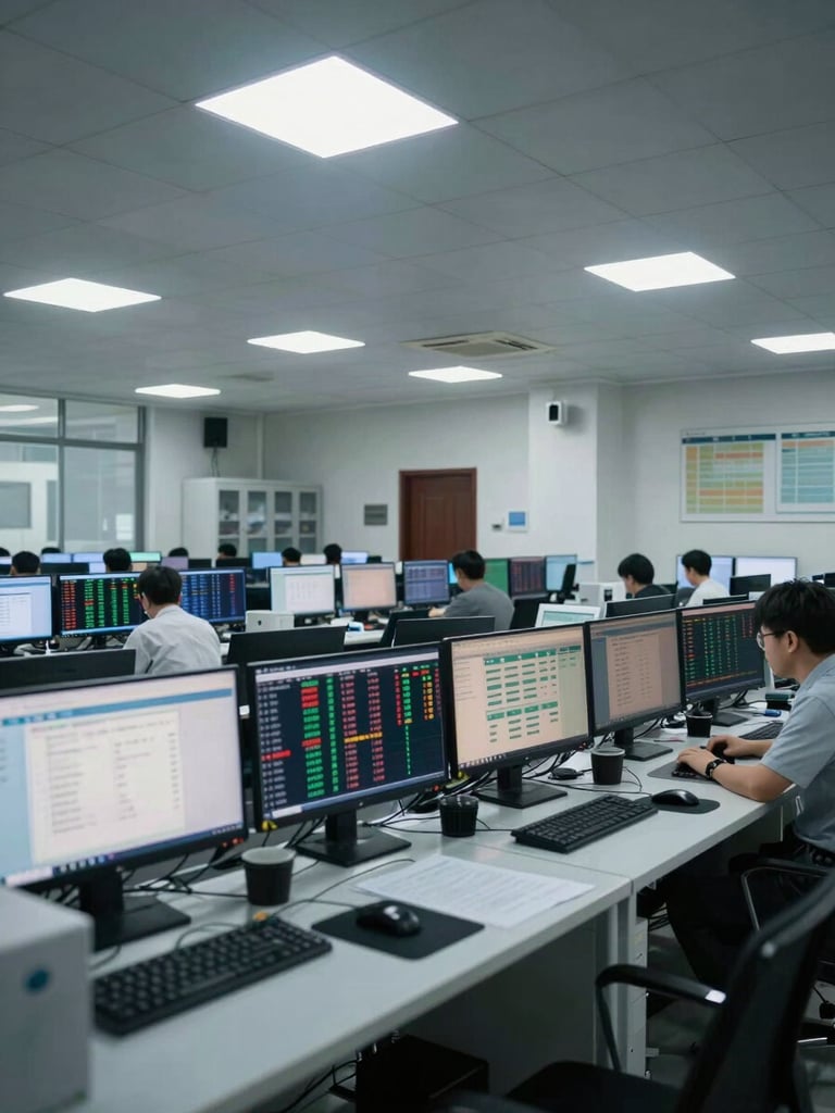 Wide shot of a financial operations center interior in Haikou, rows of monitors displaying settlement dashboards and transaction data, cool overhead fluorescent lighting, no individuals visible, clean and controlled environment
