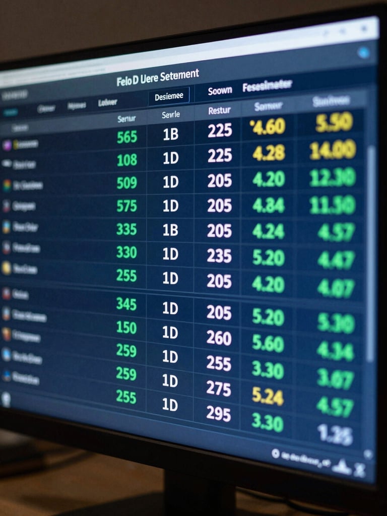 Close-up of a transaction settlement dashboard on a monitor, multi-currency figures updating in real time, deep blue interface, north-facing studio light, sharp contrast, no people visible