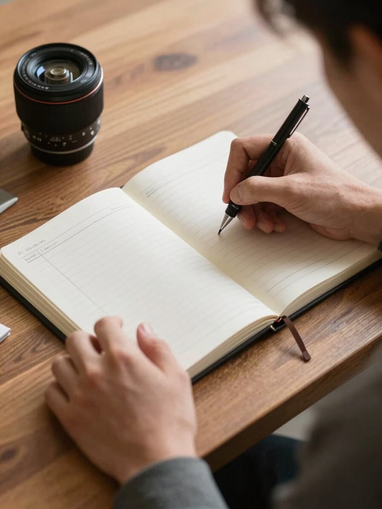 Over-the-shoulder shot of hands writing in a clean financial planner on a wooden table, soft daylight, warm tones.