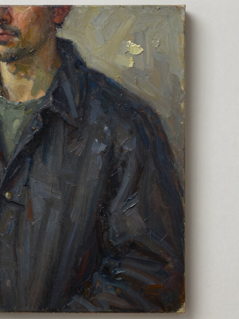 Close-frame view of a large traditional oil painting on canvas, left edge kissing the frame boundary, thick impasto brushstrokes across a dark figurative subject, studio strobe lighting raking across the textured surface to reveal paint ridges and mark-making depth, defined shadow edge at right, off-white wall behind