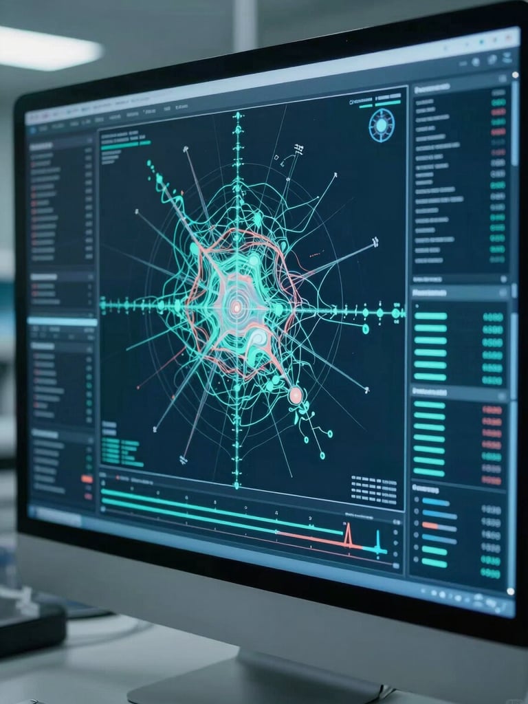 Orthographic capture of a digital epidemiological mapping interface, cold clinical teal and deep navy screen glow, precise data plots, sterile laboratory aesthetic.