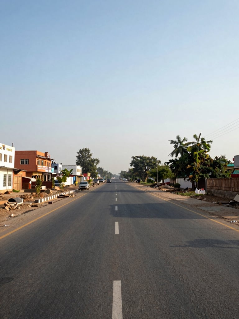 Wide environmental shot of a paved two-lane district road in Jhajjar, Haryana under natural afternoon light, low-rise commercial buildings visible on the left side, open sky above, no people in frame, shot from road level showing depth and spatial scale