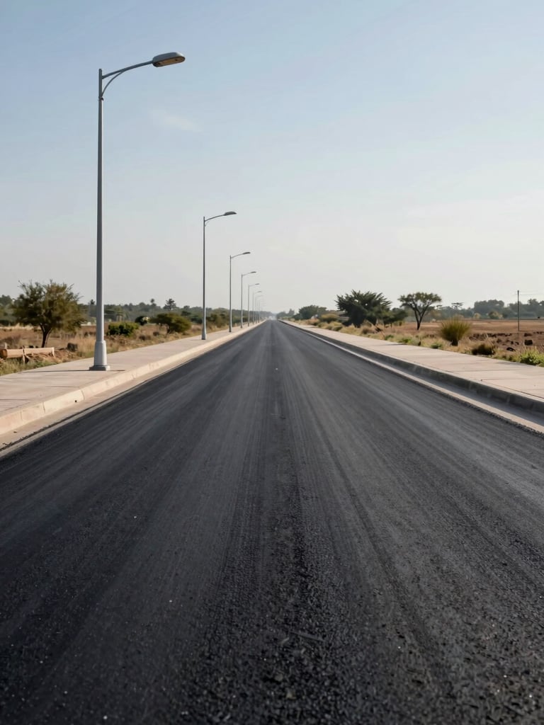 Ground-level view along a freshly laid internal township road, concrete kerbing visible on both sides, streetlight poles in a straight line receding into distance, natural midday daylight, open sky above, no people