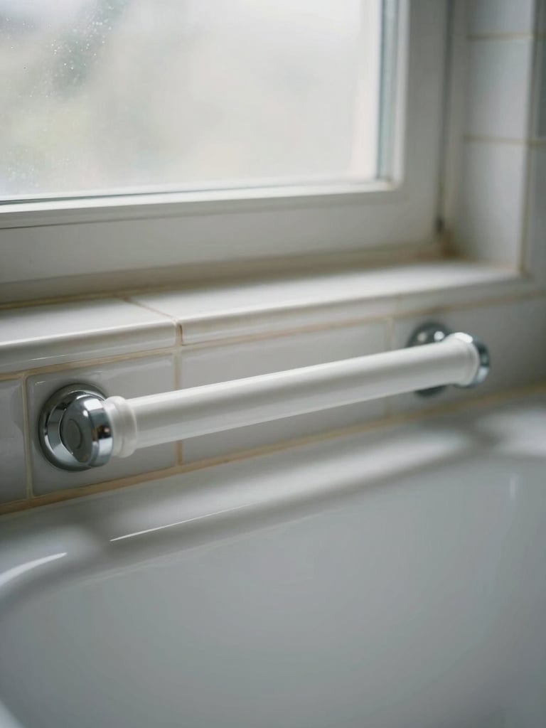 Close-up of a white grab bar mounted at the edge of a porcelain bathtub in a real home bathroom, natural daylight through a frosted window, tile wall in soft focus behind, no people, documentary framing