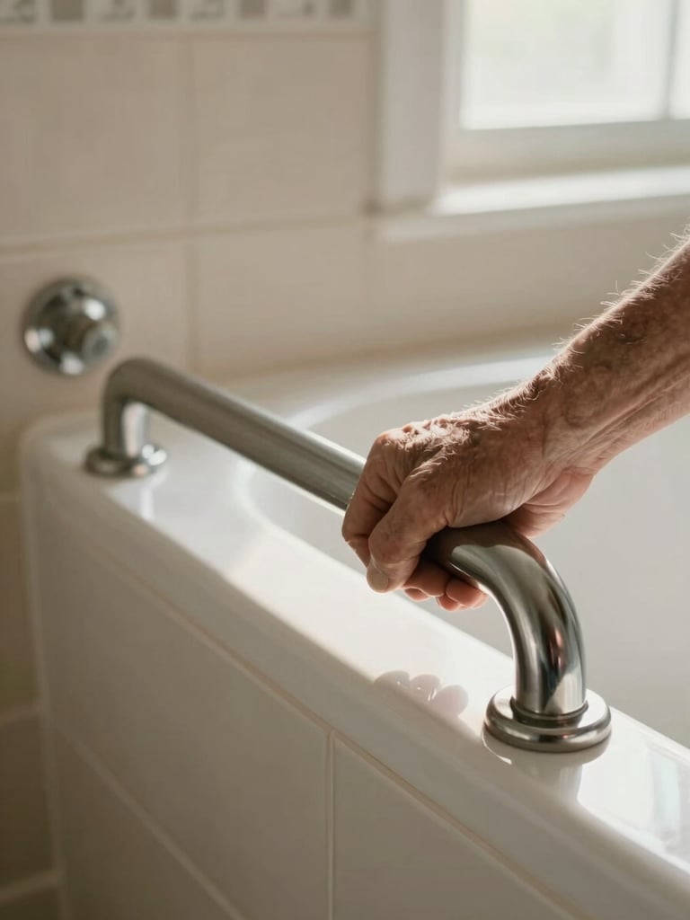Close-up of a polished steel grab bar mounted at the edge of a white porcelain bathtub in a real residential bathroom, natural window light falling across the tile, a senior's hand gripping the bar firmly, warm cream wall visible in background