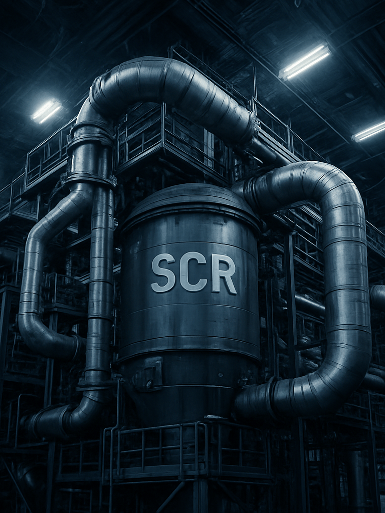 Close-up of a massive industrial SCR system installation, complex piping and steel structures, dramatic overhead workshop lighting, cool overcast tones