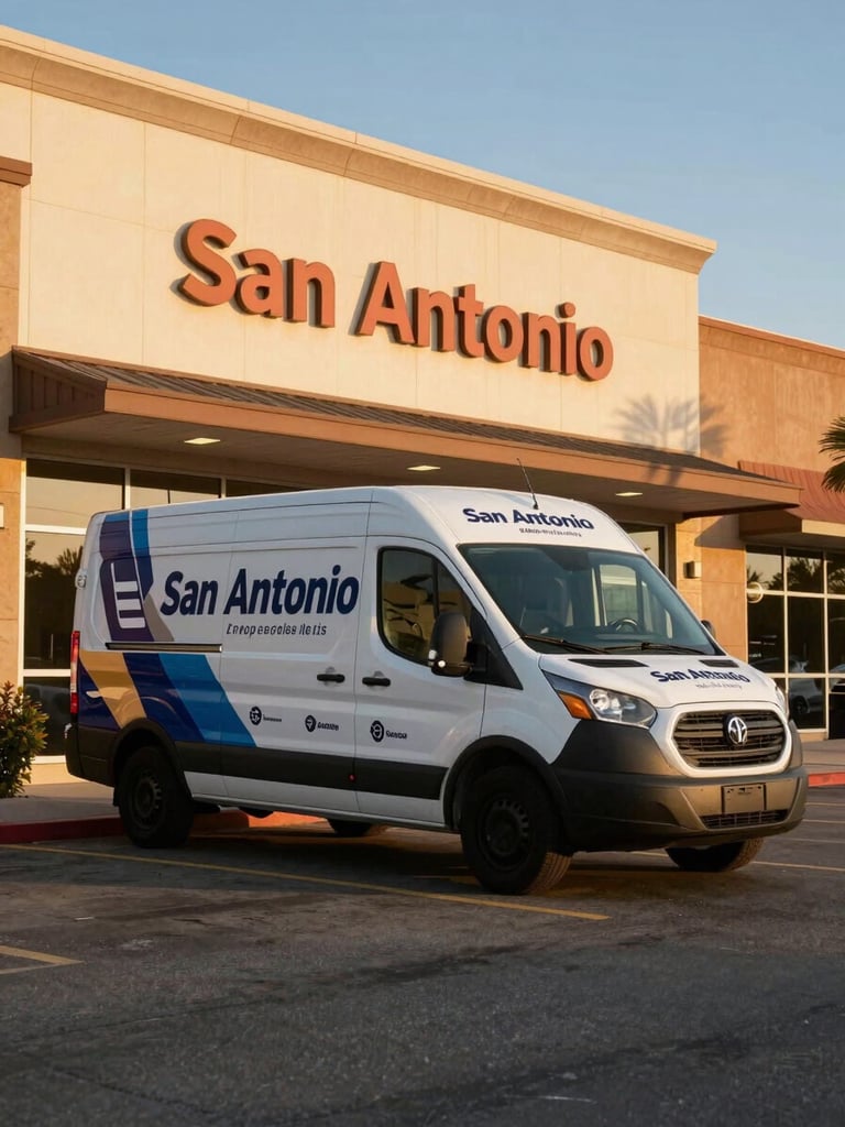 Wide environmental shot of a commercial work van with a full-coverage vehicle wrap parked in front of a San Antonio strip center at golden hour, wrap graphics reading clearly against warm late-afternoon light, building facade visible in background
