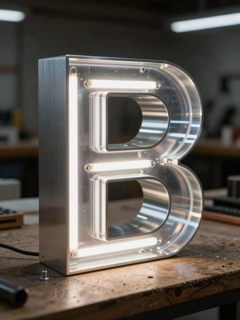 Extreme close-up of illuminated channel letter fabrication — raw aluminum returns and acrylic faces on a workshop bench, LED strip visible inside the letter cavity, dramatic side-raking studio strobe revealing precise metal edges and depth of craftsmanship, dark background