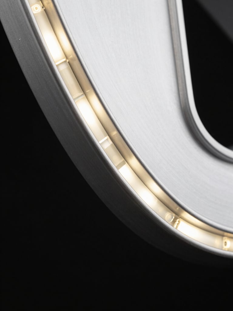 Extreme close-up of fabricated channel letter edge under directional studio strobe, revealing the aluminum return depth, polished face, and internal LED strip in crisp detail against a near-black background — material precision front and center