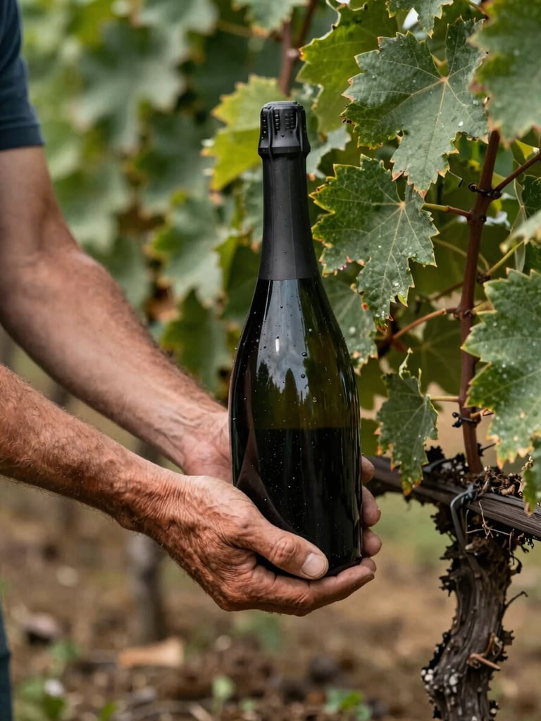 Close-up of a grower's weathered hands gently holding a pristine soil-covered vine in a Champagne vineyard, natural low-key side lighting, portrait aspect