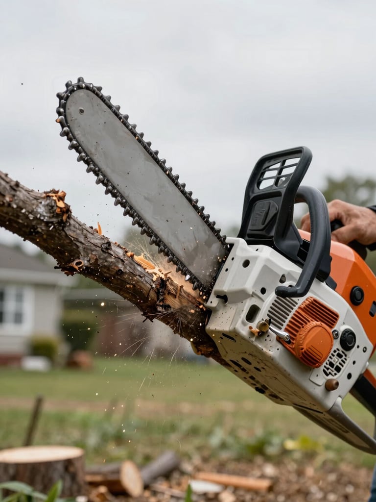 Close-up of a chainsaw blade cutting through a thick tree branch, wood chips flying mid-air, overcast daylight, South Shore residential yard visible in the background, no workers facing camera