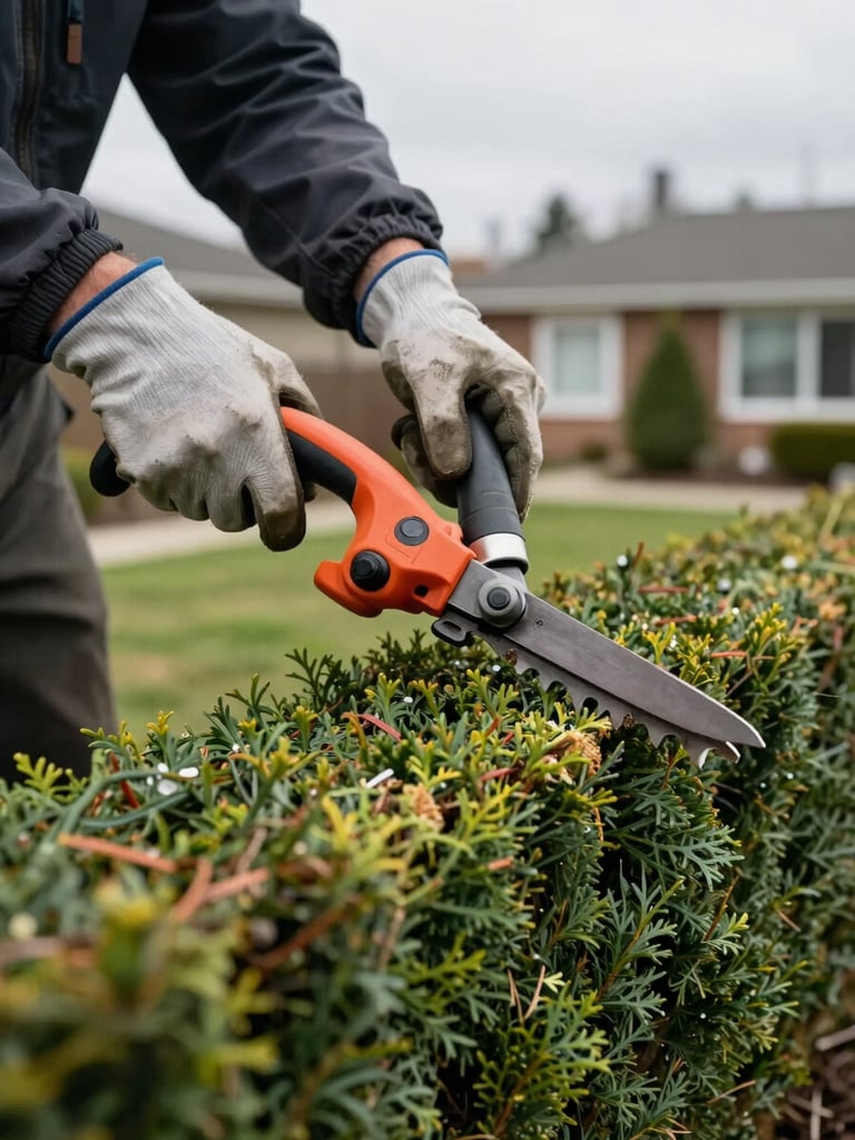 Close-up of arborist gloved hands guiding hedge trimmer along top of dense cedar hedge, fresh cut surface visible, overcast daylight, South Shore residential yard in background