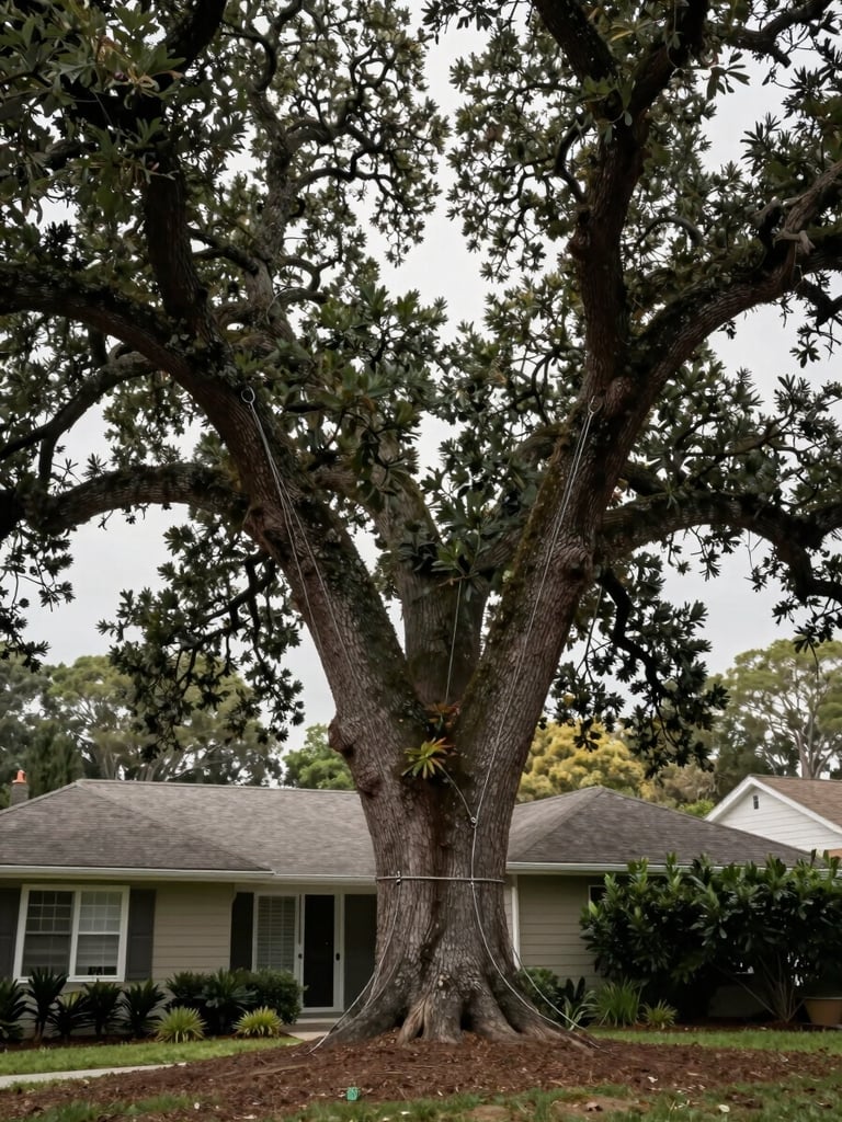 Wide shot of a mature forked oak tree in a South Shore residential backyard under flat overcast light, steel cabling visible between two main stems, house roofline in background showing proximity of tree to structure