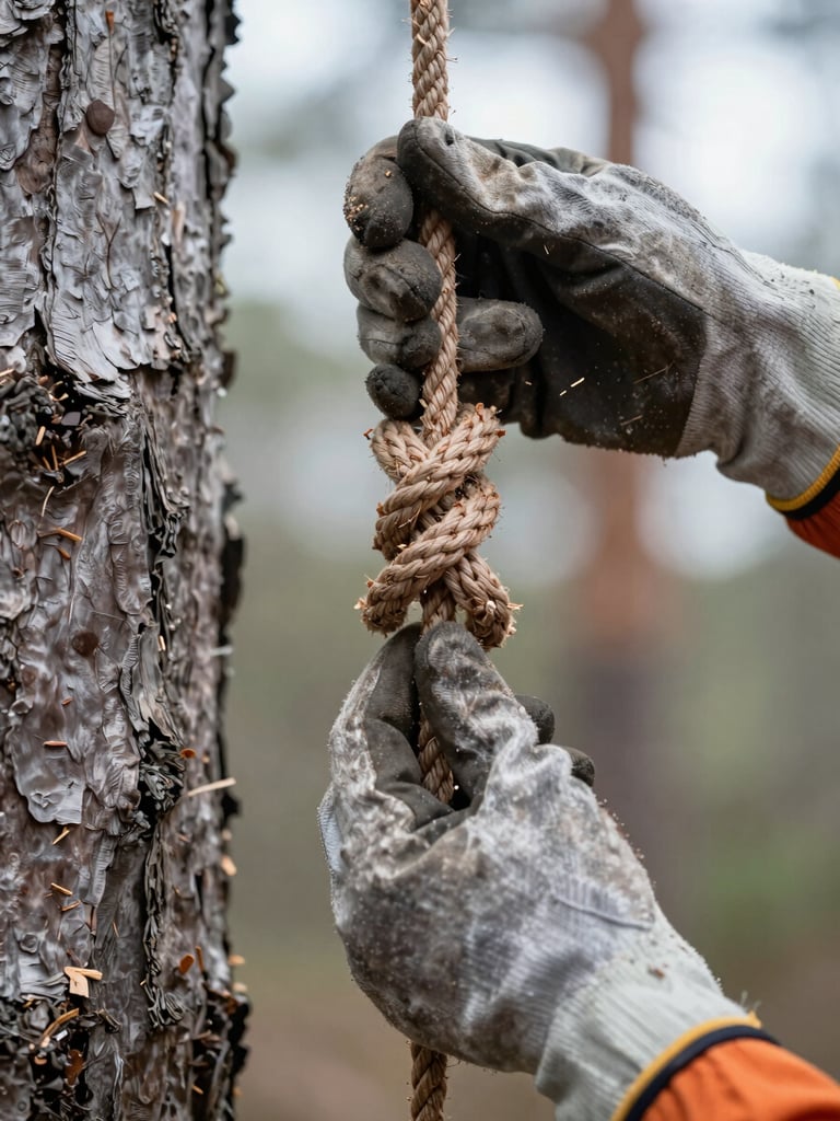 Close-up of gloved arborist hands adjusting a rope knot against a thick bark-grey trunk, wood chips clinging to the gloves, overcast daylight, shallow depth of field on the knot