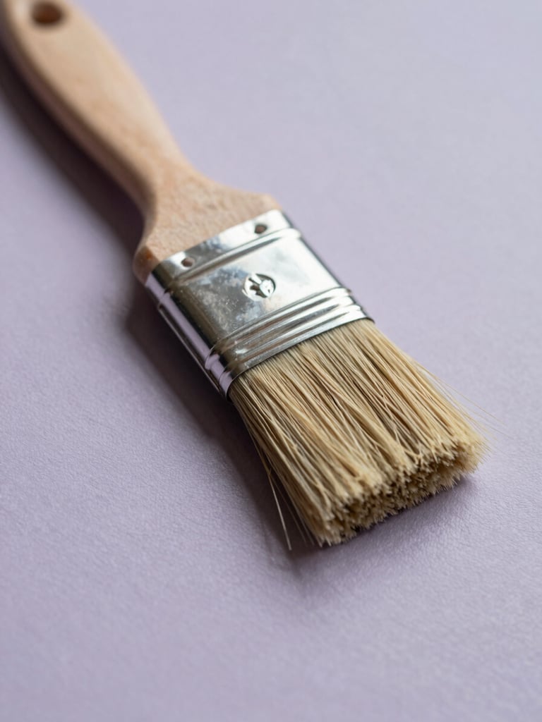 Close-up of a professional paint brush resting on a freshly finished lavender-gray surface, soft natural light.
