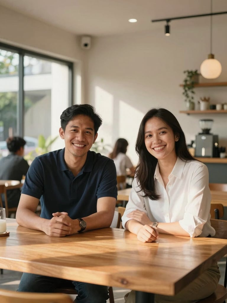 Casual portrait of two friendly local real estate agents, smiling warmly, sitting at a wooden table in a bright Tangerang cafe, natural morning light, authentic and professional