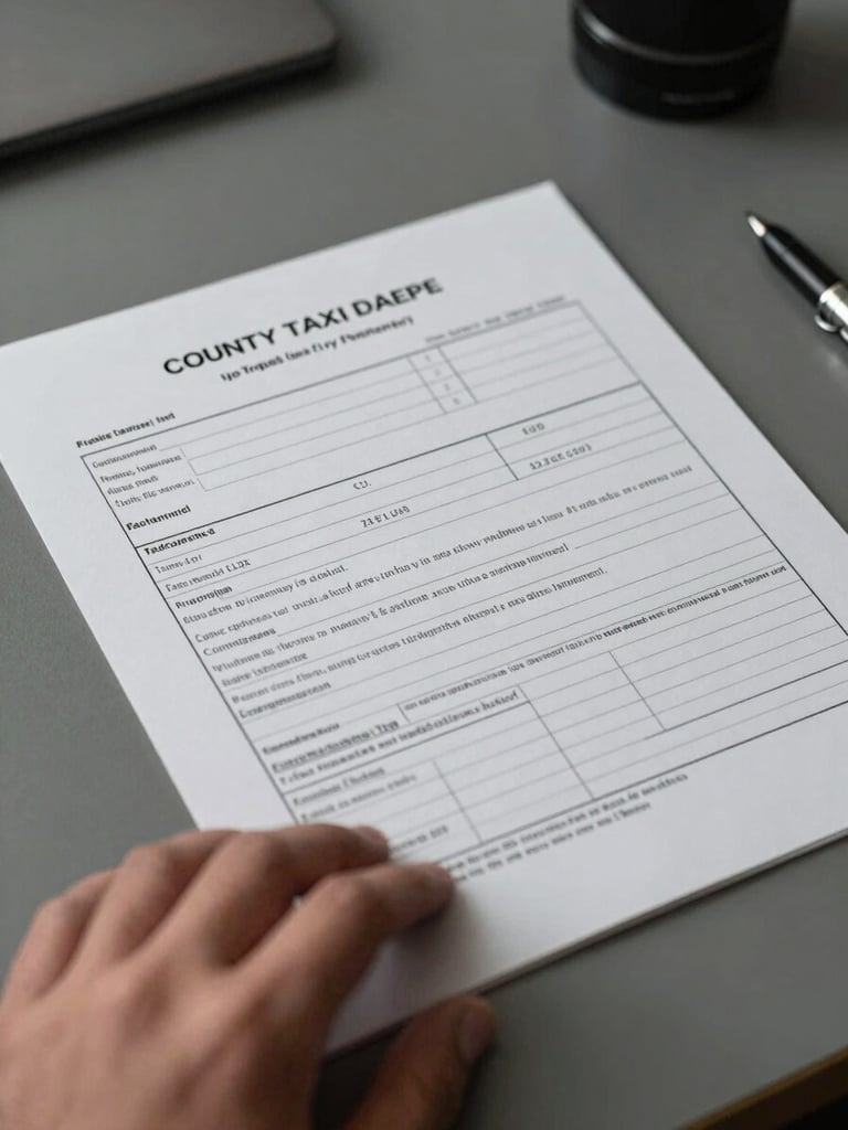 Close-up point-of-view shot of a county tax deed document on a desk under north-facing office light, a hand resting at the edge of the page, critical parcel number and legal description visible, muted field-gray tones, tight crop, no staging