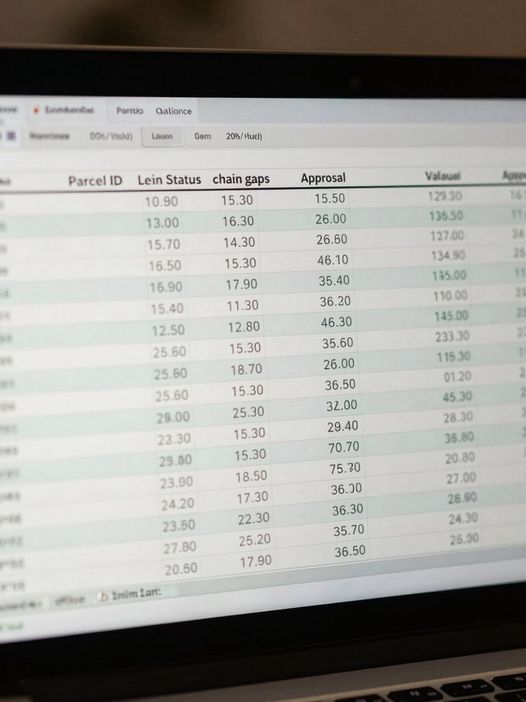 Close-up point-of-view of a laptop screen showing a spreadsheet-style due diligence report with columns for parcel ID, lien status, chain gaps, and appraisal value, north-facing office light, muted tones, tight crop showing only the data rows and column headers, no person visible, no branding