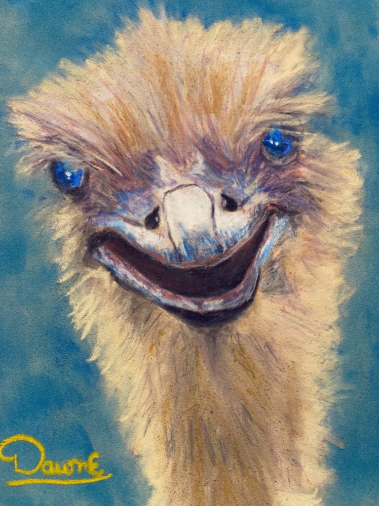 a painting of a smiling ostrich with a smile on it