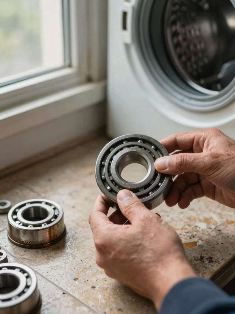 Extreme close-up of technician hands replacing a drum bearing on a washing machine, components spread on a worn tile floor, late-afternoon daylight through a nearby window, corroded metal part visible beside a new replacement