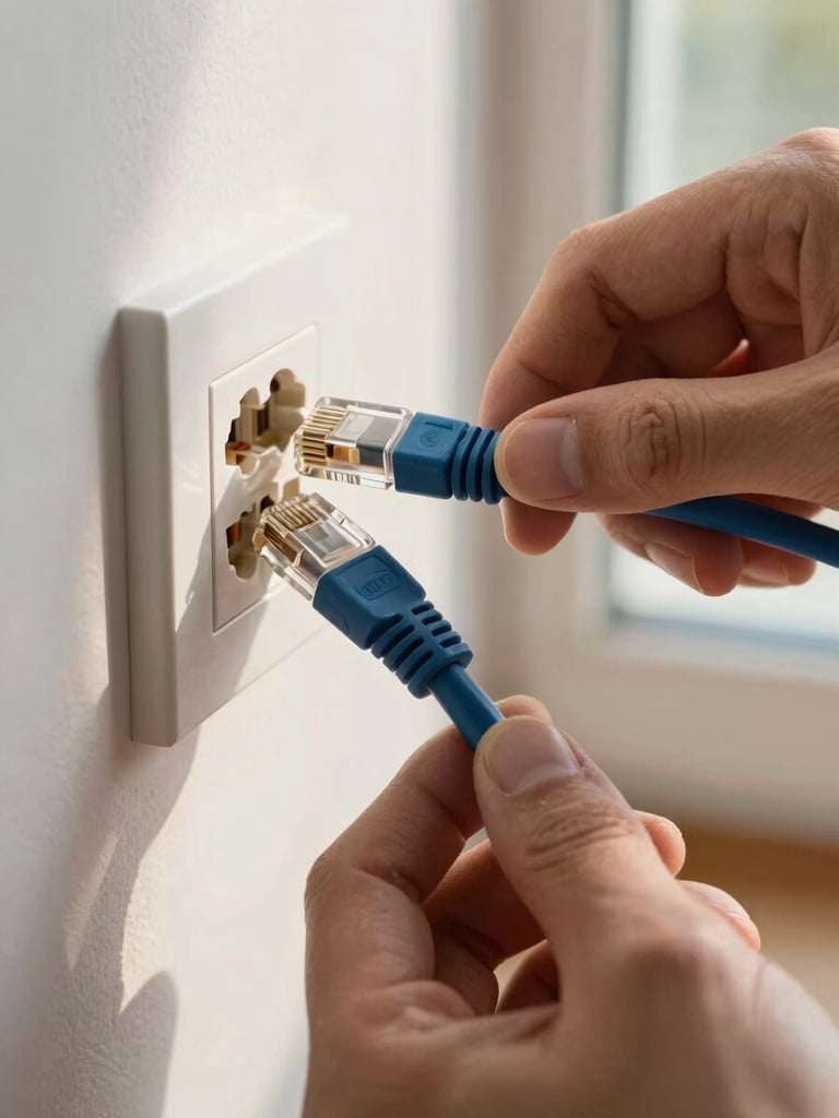 Extreme close-up of a technician's hands connecting a network cable into a wall socket, natural morning light through a nearby window casting a warm side-light on the worn connector and the cable jacket, residential interior visible softly out of focus in background